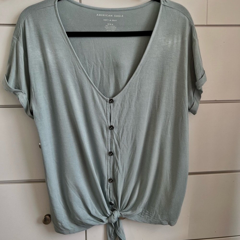 American Eagle Soft & Sexy button up tie up tee in a blue/green ish color size M